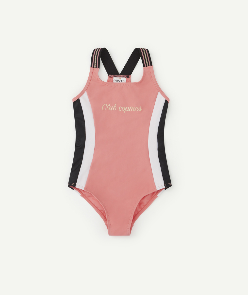 Maillot de bain fille avec bandes et message couleur dorée - 4 A