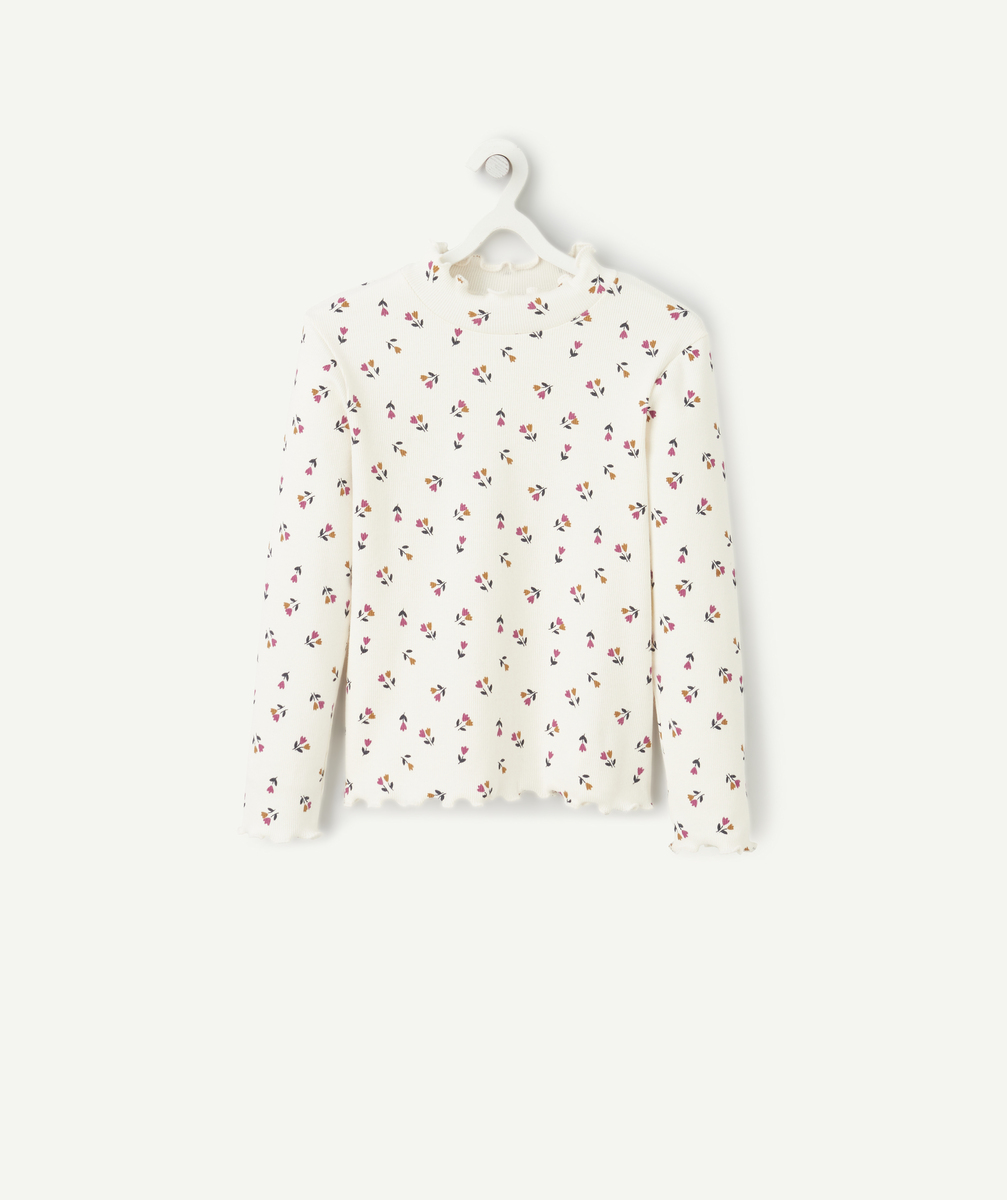 Sous-pull côtelé fille en coton bio blanc fleuri et festons - 14 A
