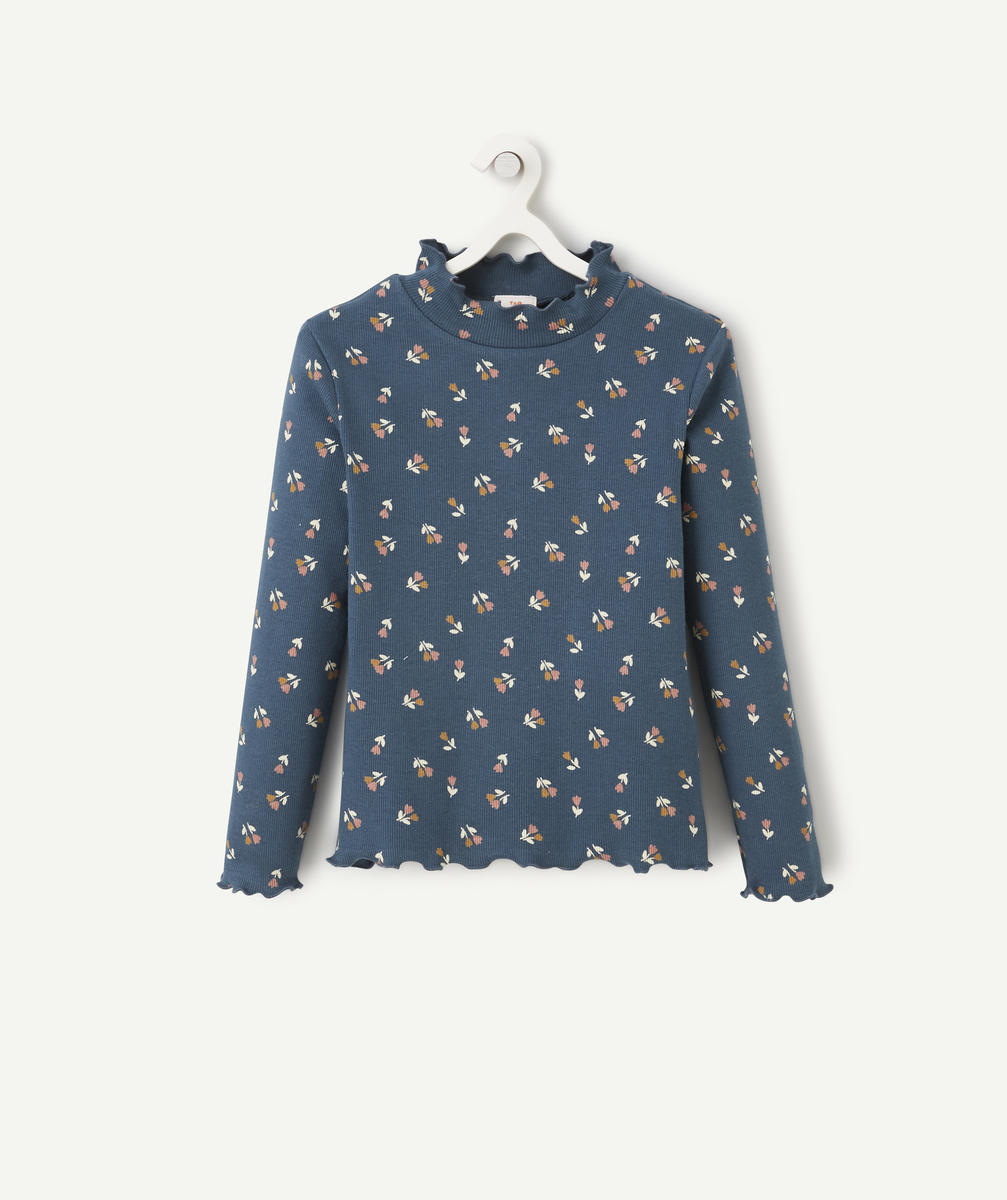 Sous-pull côtelé fille en coton bio bleu fleuri et festons - 12 A