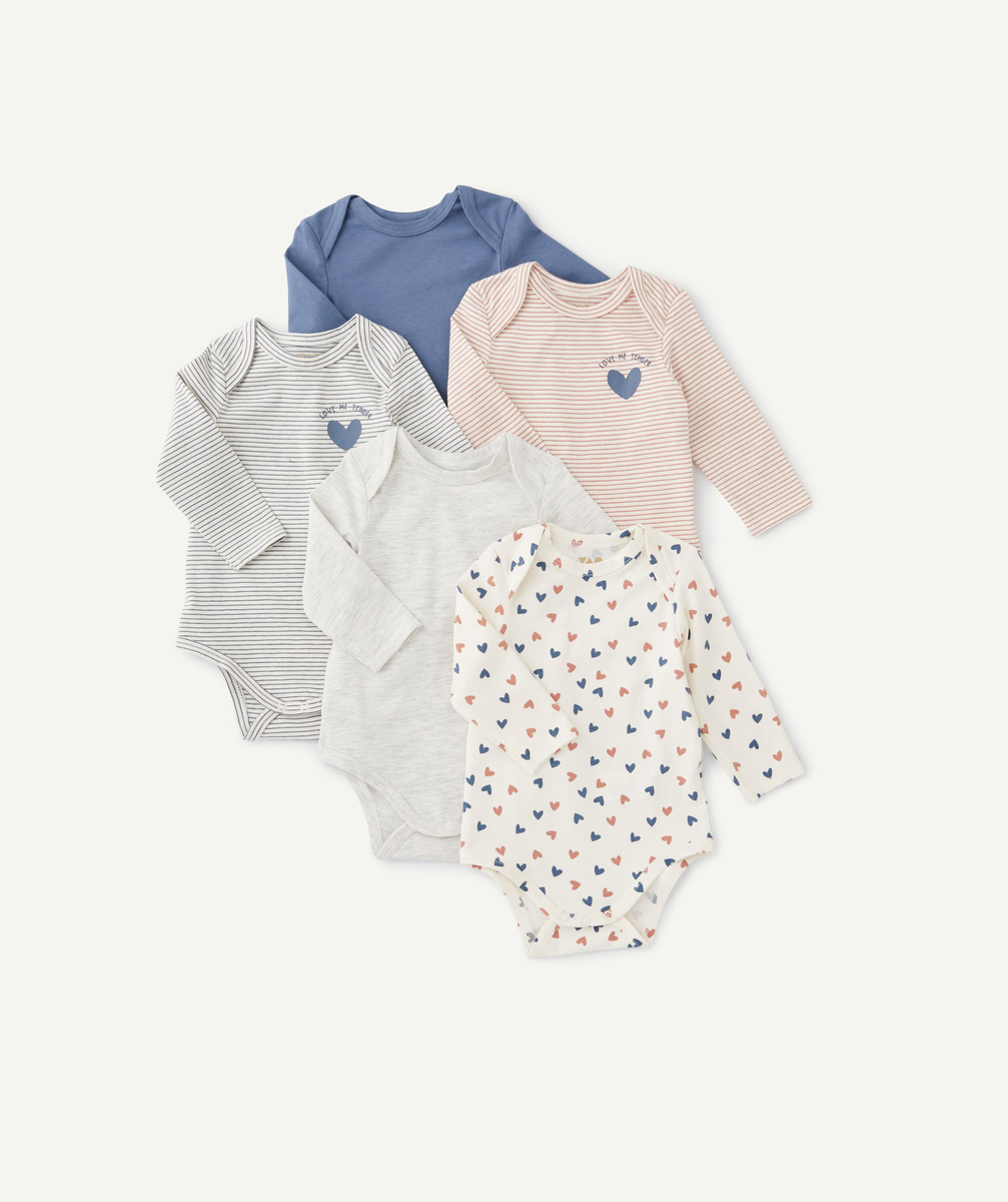 Lot de 5 bodies bébé en coton bio unis et imprimés gris et bleu - 1 M