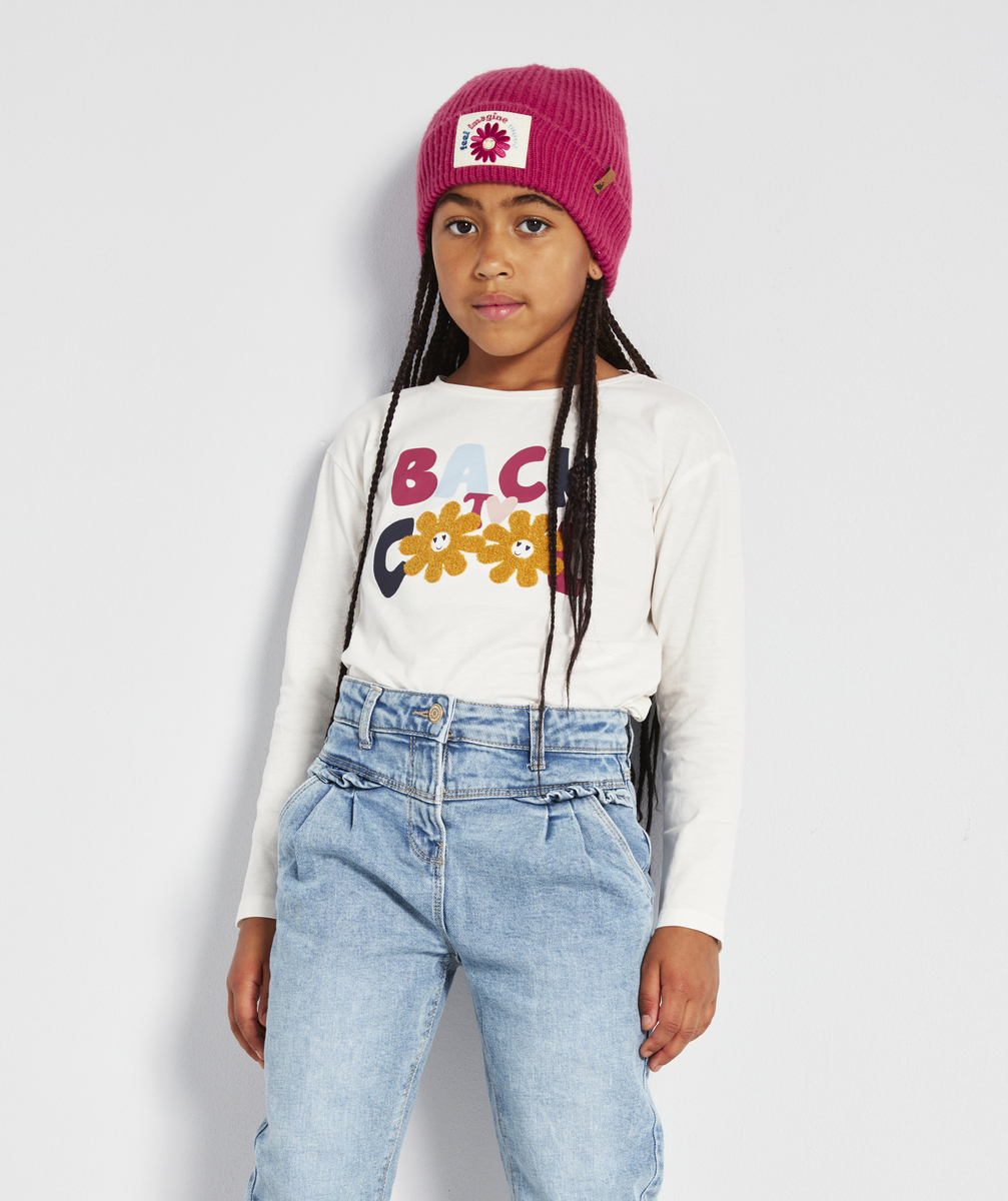 T-shirt fille blanc en coton bio message et fleurs en bouclettes - 5 A
