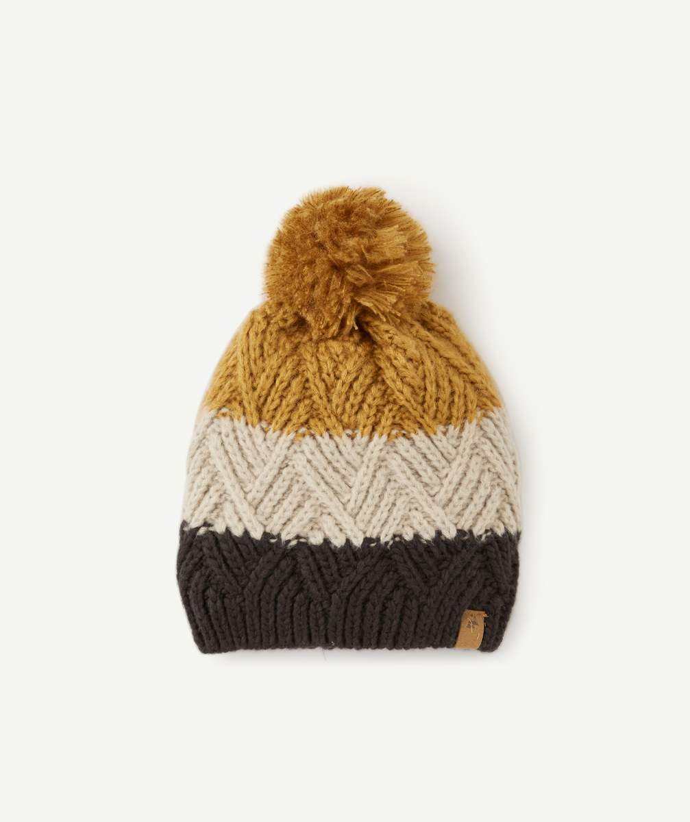 Bonnet en tricot garçon en fibres recyclées ocre beige et marron - 2-4 A