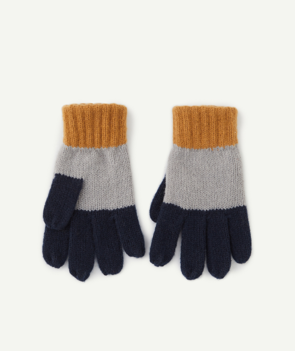 Gants tricot garçon en fibres recyclées bleu gris et marron à rayures - 2-4 A