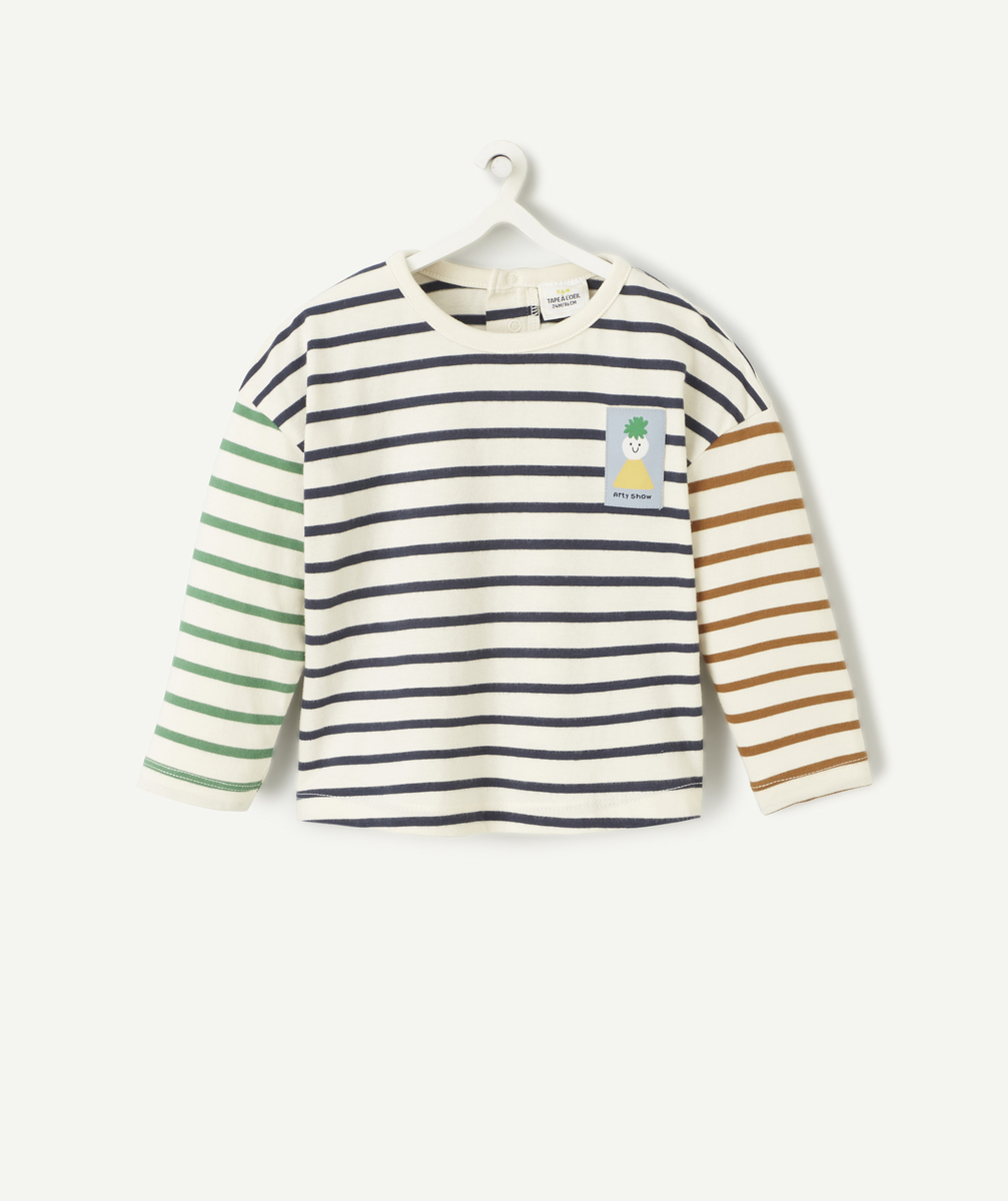 T-shirt bébé garçon en coton bio à rayures colorés avec patch - 9 M