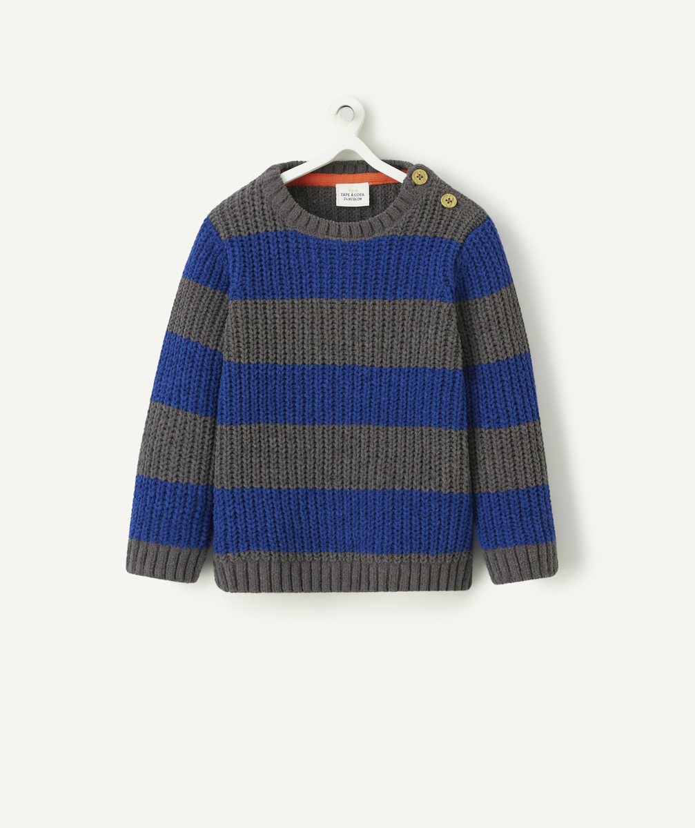 Pull tricot bébé garçon en fibres recyclées rayé gris et bleu - 36 M