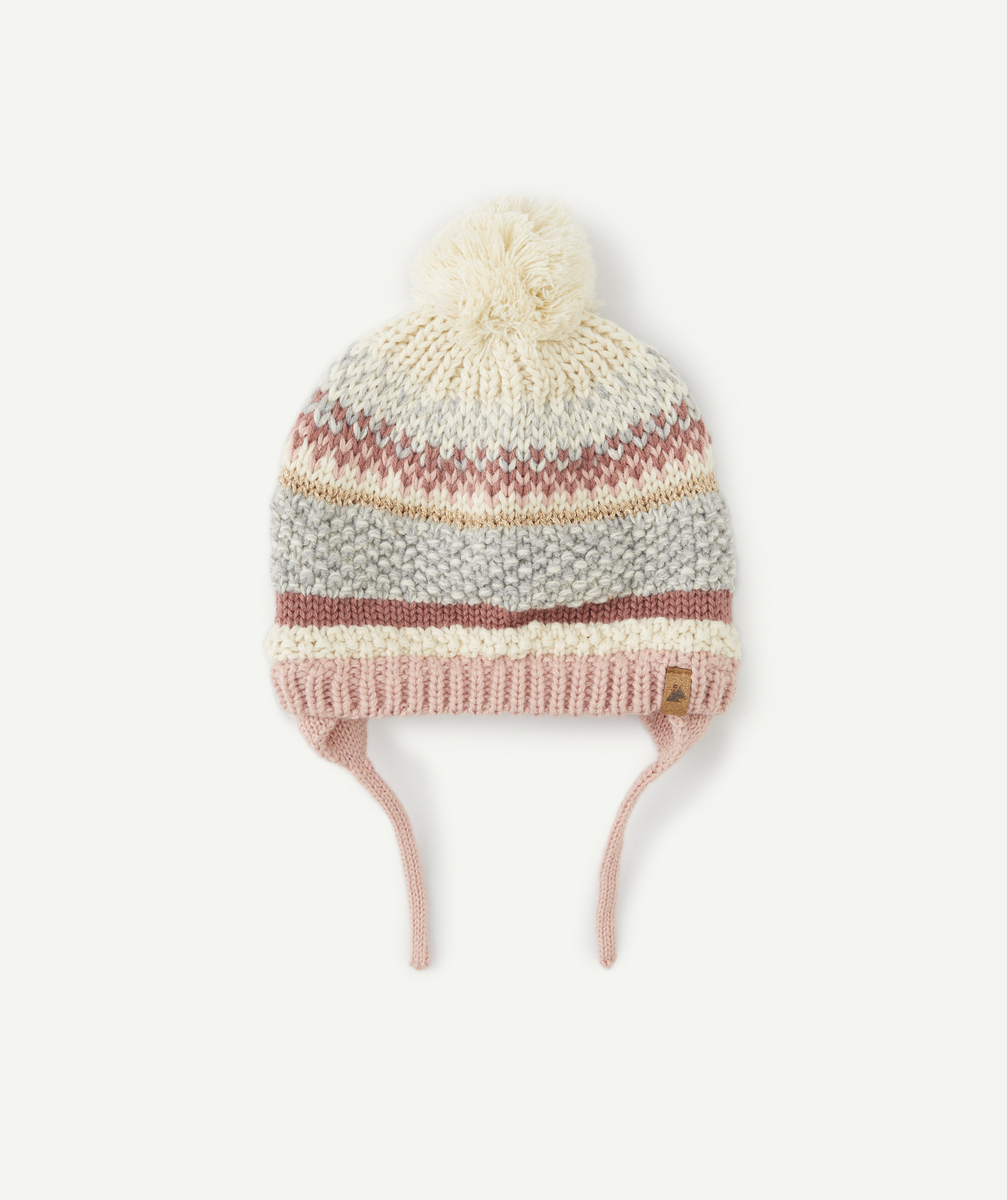 Bonnet tricot bébé fille en fibres recyclées aux détails roses avec pompon - 12-24M
