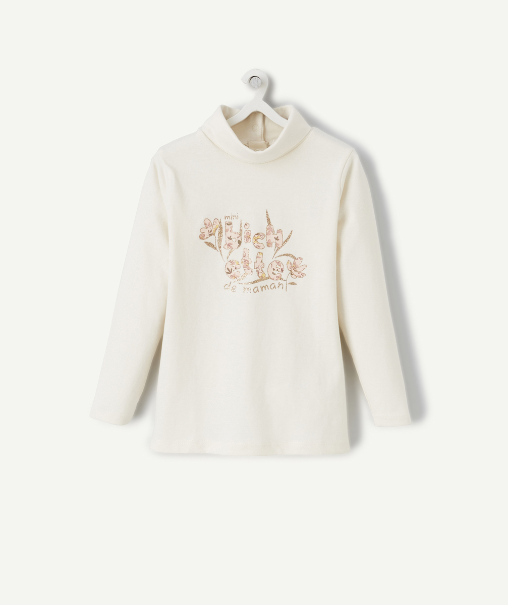 Sous-pull bébé fille col roulé en coton bio écru et message pailleté - 24 M