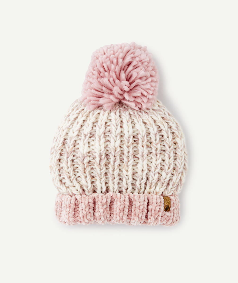 Bonnet fille rose pâle et blanc avec pompon - 10-14 A