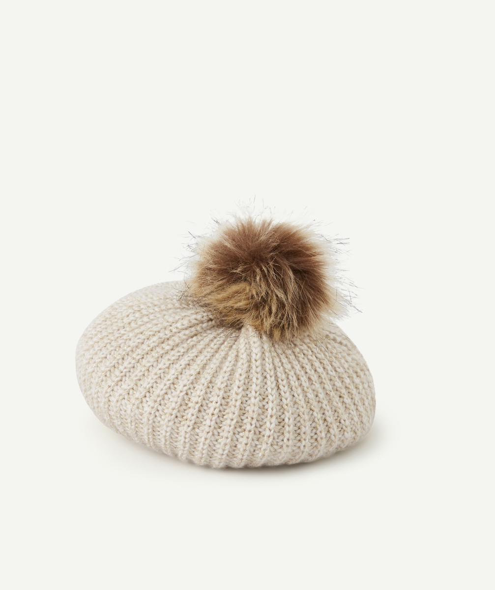 Béret fille en fibres recyclées beige avec pompon fourrure - 10-14 A