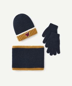 Ensemble garçon bonnet + snood + gants rayés - marine, Garçon