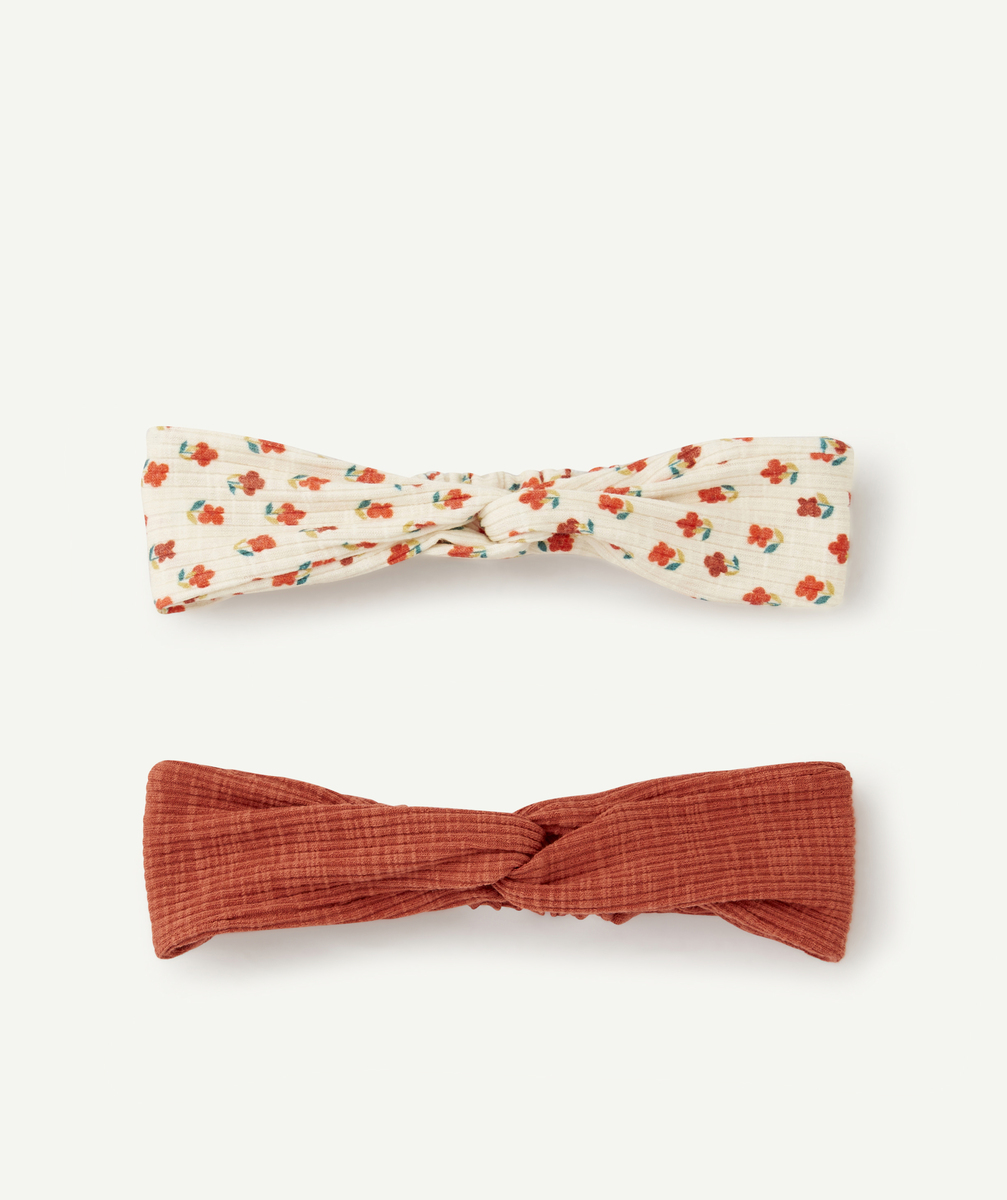 Lot de 2 bandeaux bébé fille à côtes terracotta et fleuri - TU