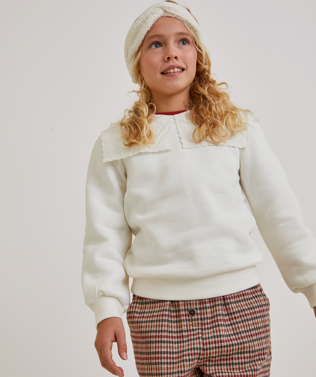 Sweat fille en fibres recyclées écru avec maxi col brodé - 5 A