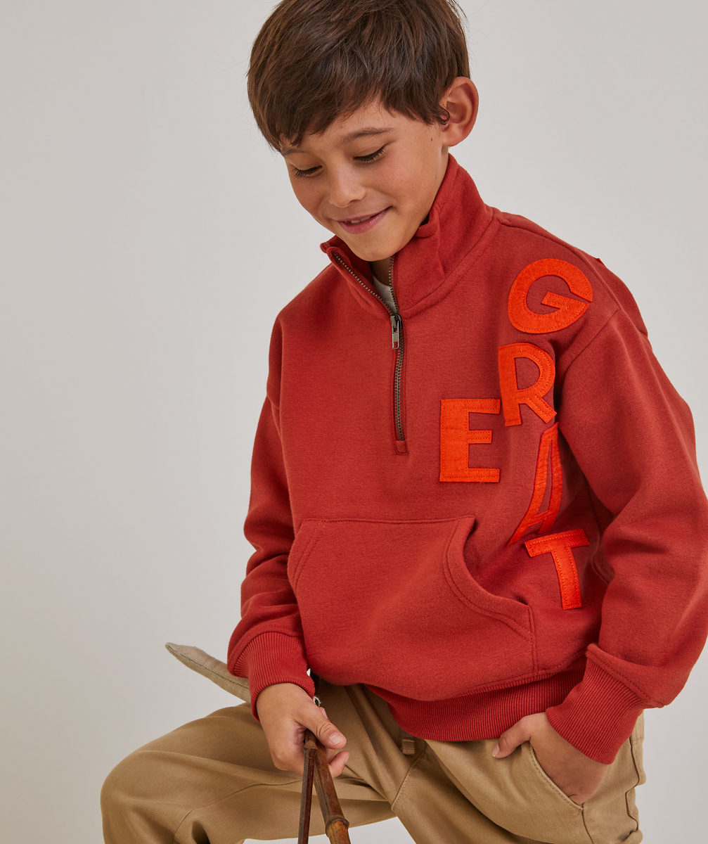 Sweat col montant zippé garçon en fibres recyclées terracotta - 10 A