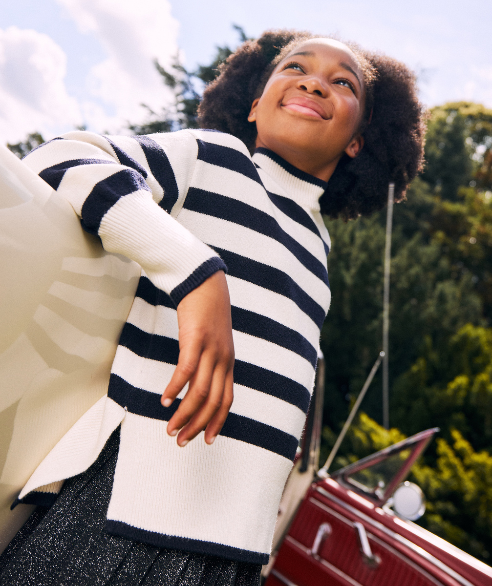 Pull col montant fille en fibres recyclées à rayures noir et blanc - 6 A