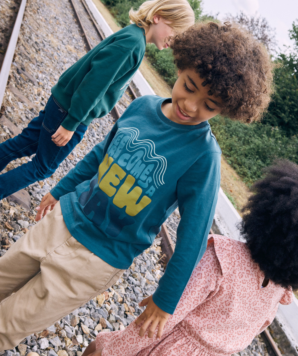 T-shirt garçon en coton bleu canard thème new day - 12 A