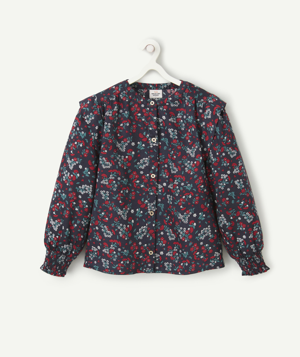 Blouse fille en coton bleu marine et imprimée floral rouge et vert - 4 A