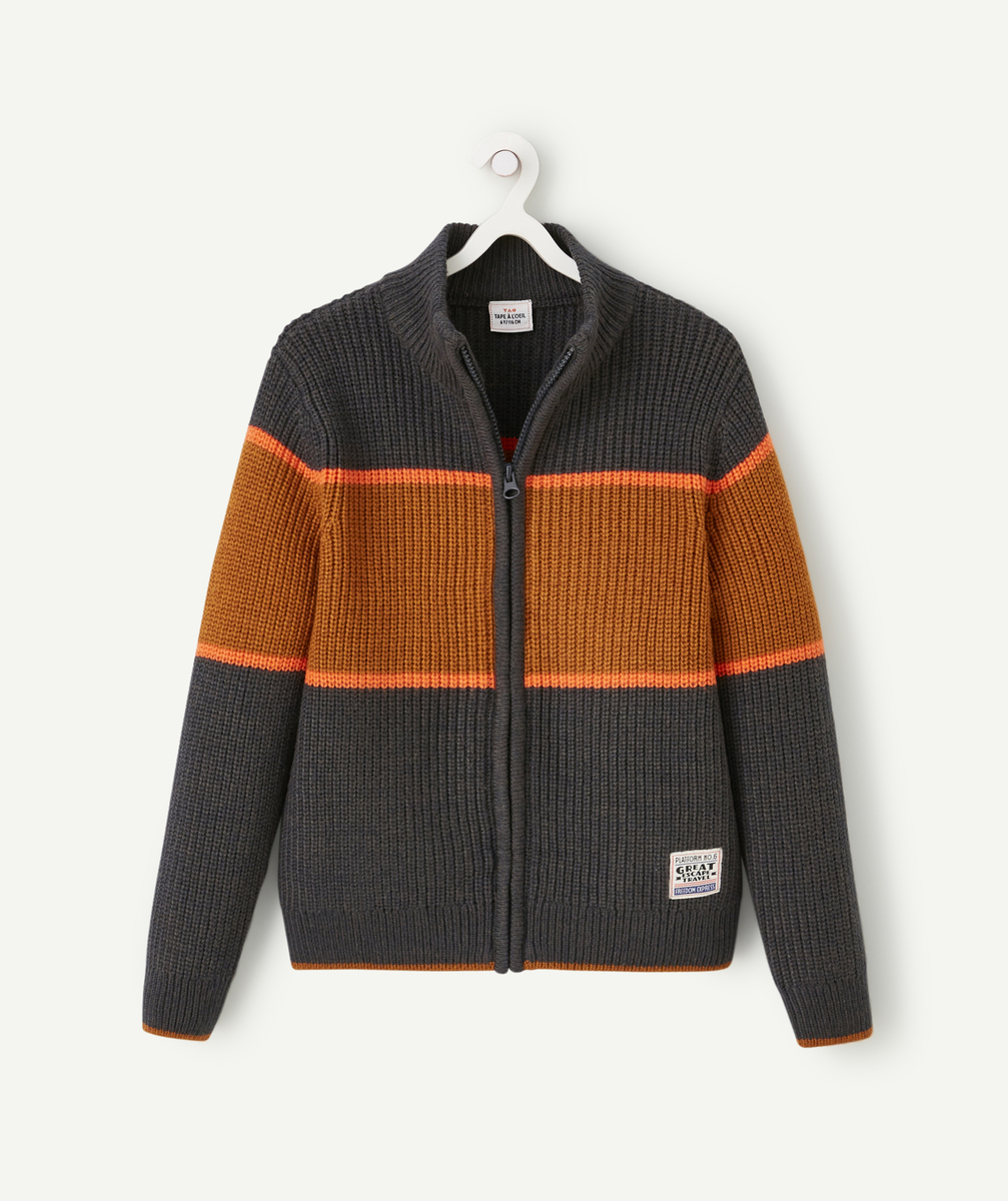 Gilet en tricot zippé garçon avec bandeaux gris foncé orange et marron - 5 A