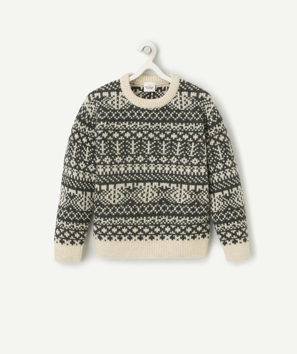 Pull jacquard garçon en fibres recyclées écru et vert - 4 A