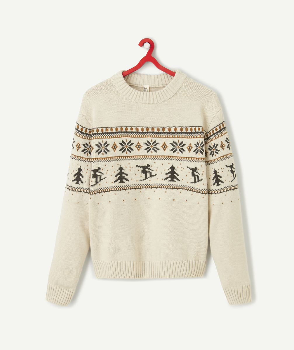 Pull jacquard mixte en tricot et fibres recyclées écru - XXS