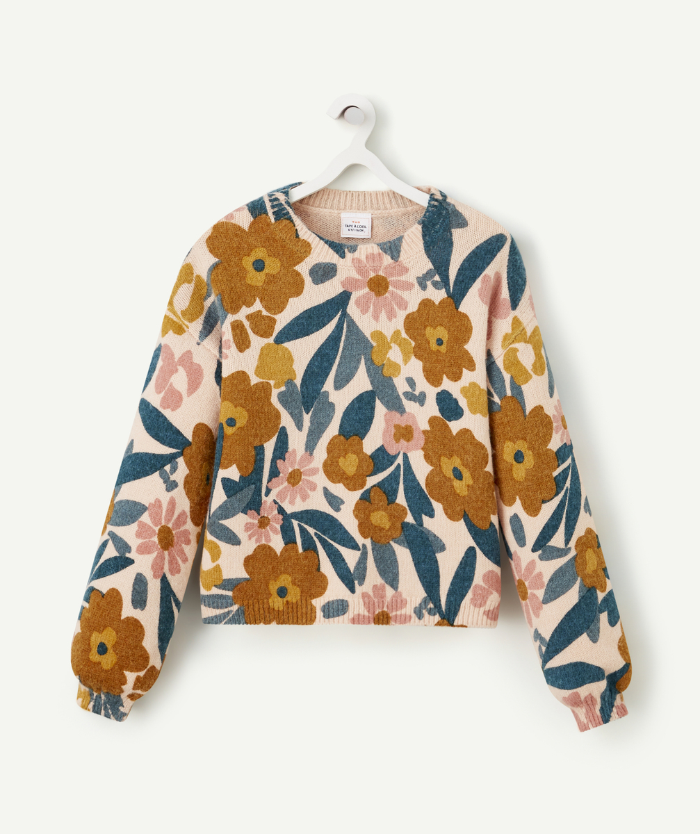 Pull en tricot fille rose et imprimé fleuri coloré - 10 A