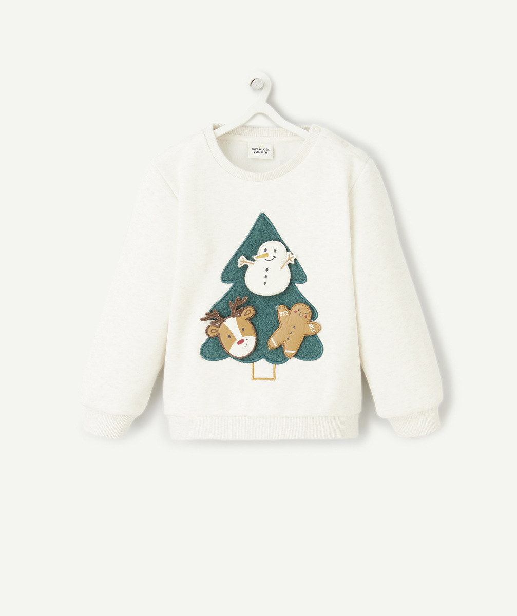 Pull de noël bébé garçon en fibres recyclées écru chiné avec sapin en scratch - 24 M