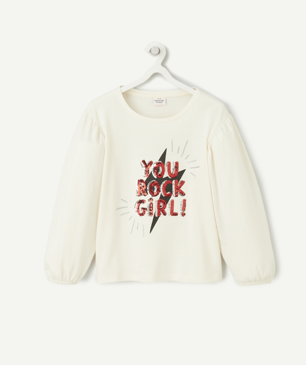 T-shirt fille en coton bio écru avec message rock en sequins - 12 A