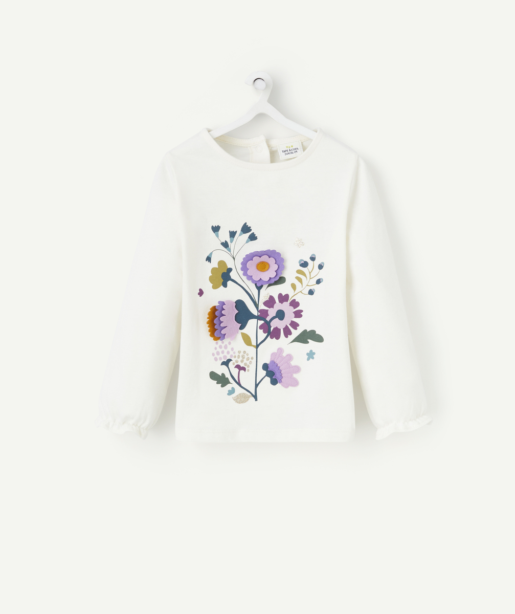 T-shirt bébé fille en coton bio écru avec fleurs en relief - 6 M