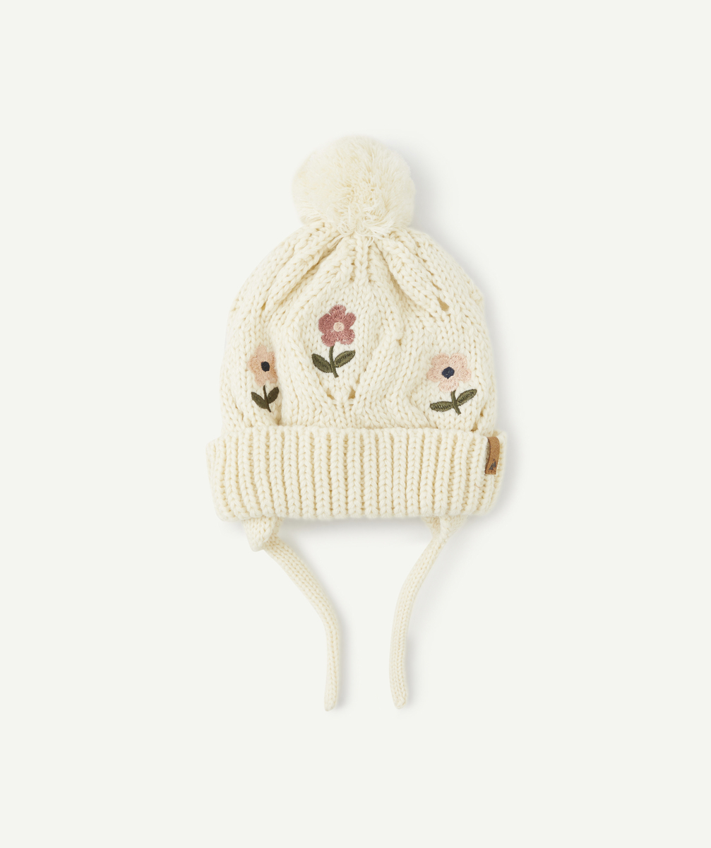 Bonnet maille bébé fille en fibres recyclées beige avec fleurs brodées - 3-9 M