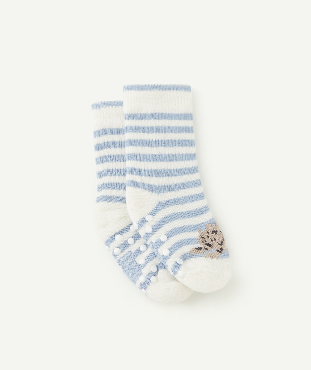 La paire de chaussettes bébé fille antidérapantes en coton bleu et blanche - 18-20