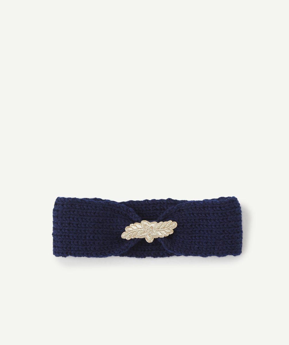 Bandeau tricot fille bleu marine avec feuille couleur dorée et pailletée - 2-6 A