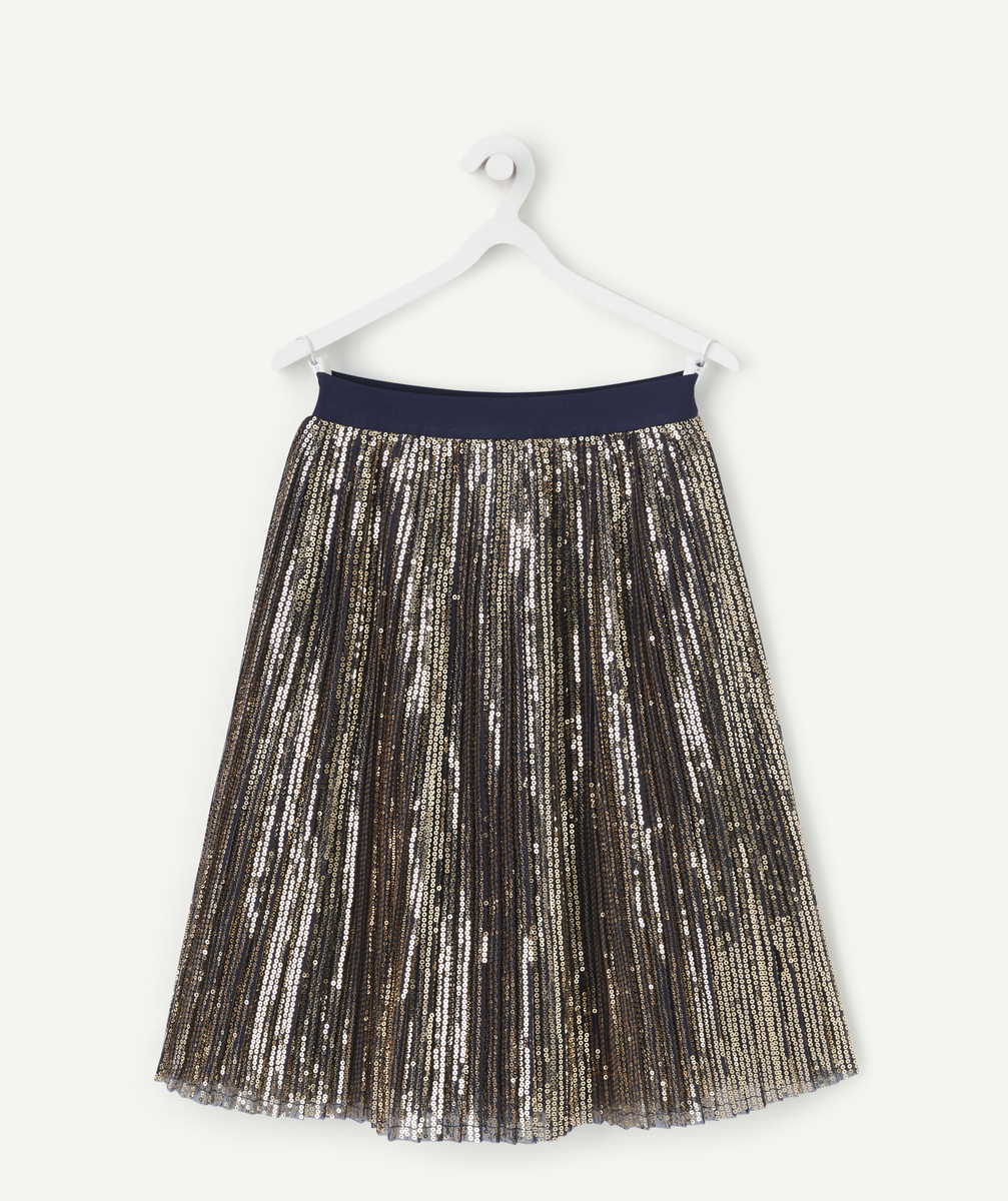 Jupe plisée longue à sequins couleur dorée et détails bleu - 5 A