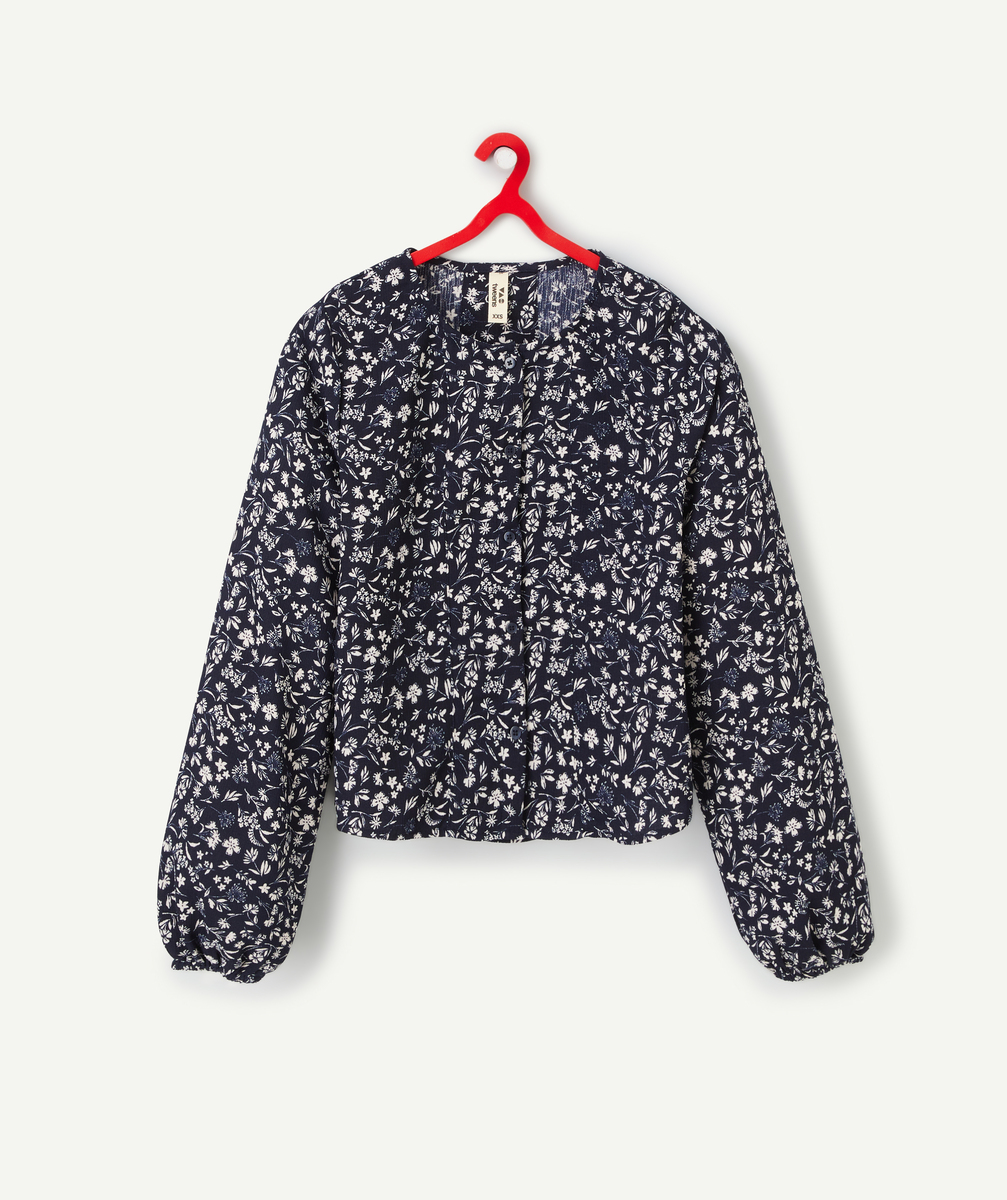 Blouse fille en fibres recylées bleu marine et imprimé fleuri blanc - M