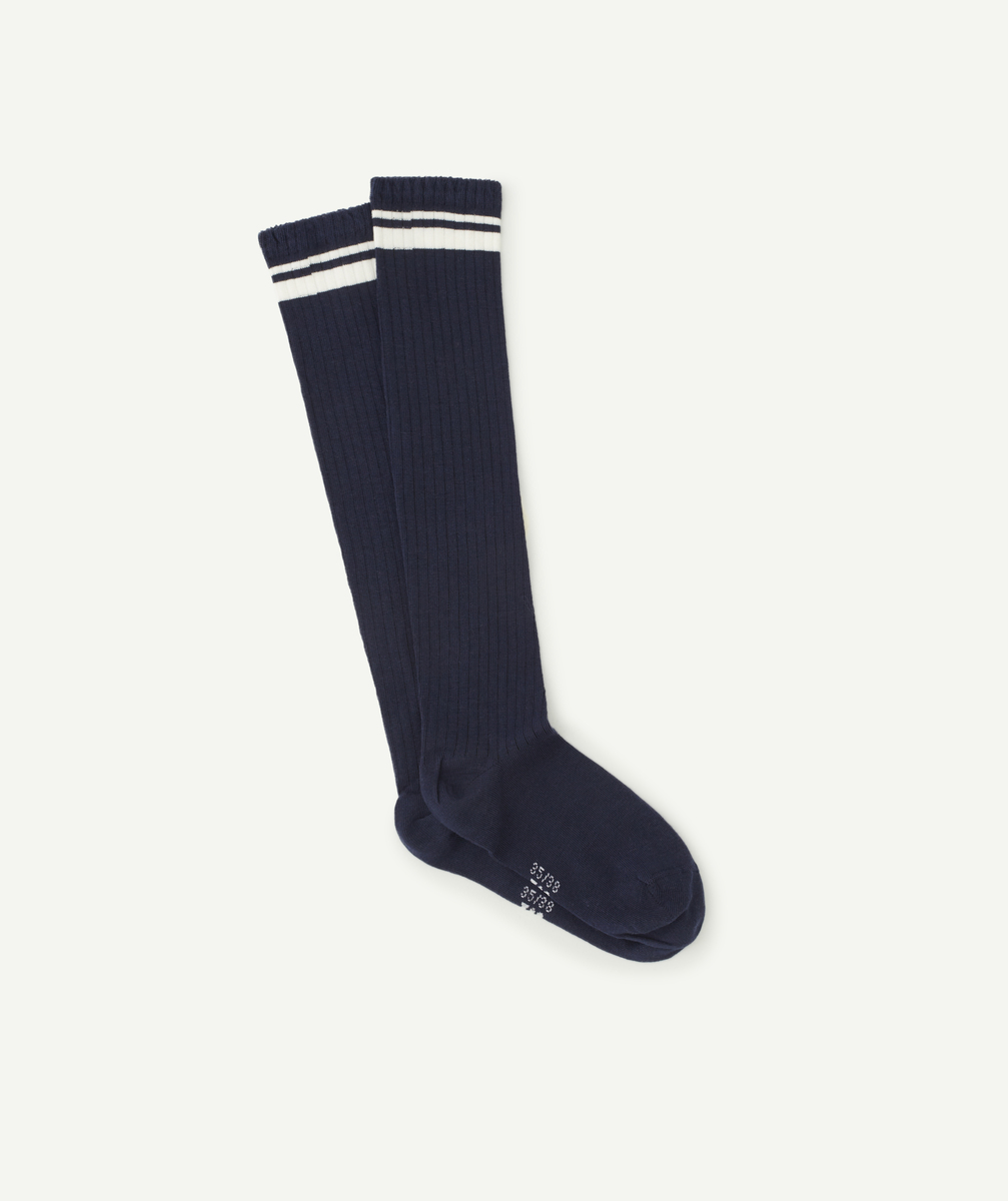 Chaussettes hautes fille en coton bio côtelé bleu marine et blanche - 35-38