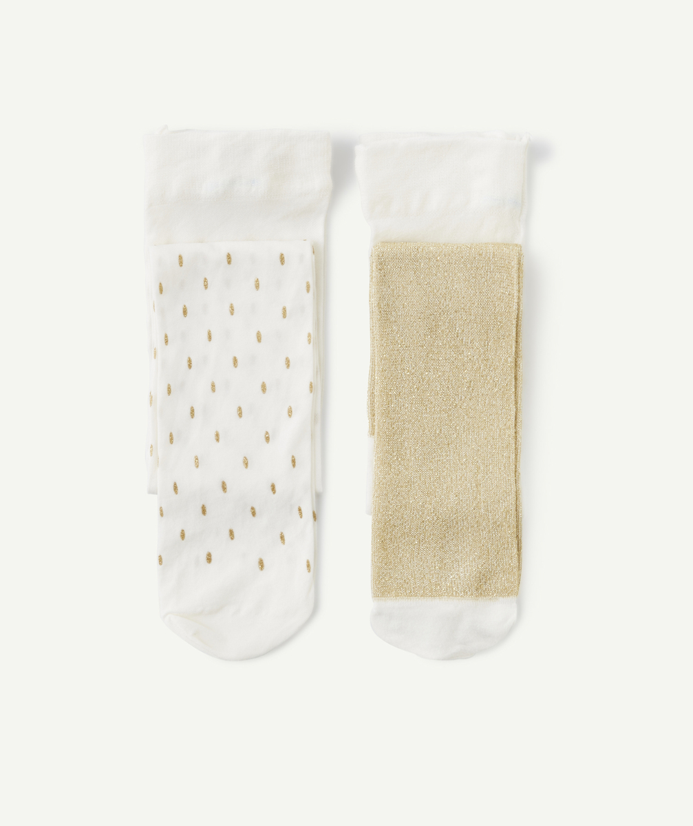 Lot de 2 paires de collants bébé fille blanc et couleur dorée avec détails pailletés - 21-23