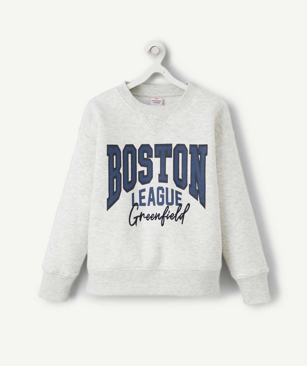 Sweat garçon en fibres recyclées gris chiné style campus avec message - 14 A