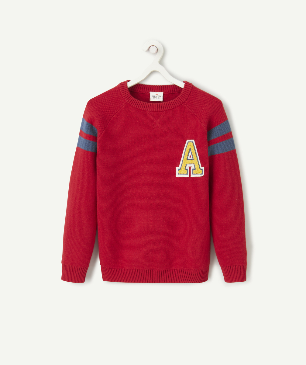 Pull manches longues garçon en coton biologique rouge avec patch brodé